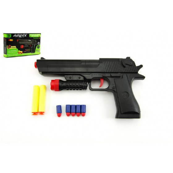 Teddies Pistole mit Schaumstoffpatronen 2 Stück + Korkenpistole 5 Stück Kunststoff 30cm in Schachtel