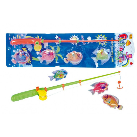 Teddies Spiel Fische/Angler magnetisch Kunststoff 4 Stk.+Rute Kunststoff 44cm 2 Farben auf Karte