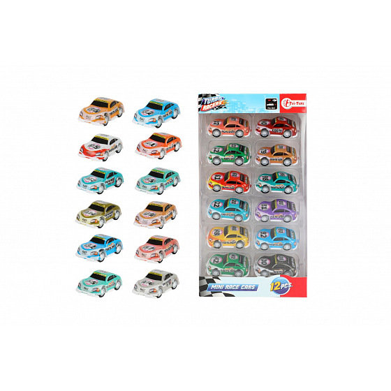 Teddies Auto mini závodní 12ks plast 5cm na zpětné natažení v krabičce 13x25x3,5cm