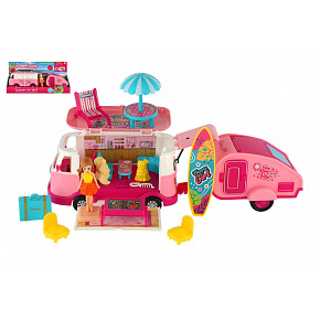 Teddies Auto obytné s vlekem retro s panenkou s doplňky v krabici