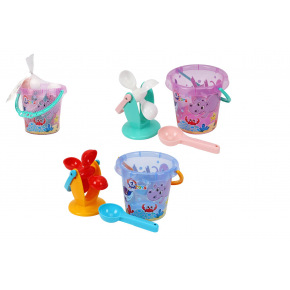 Sada na písek a k vodě plast kbelík, mlýnek s doplňky v síťce 17x16cm