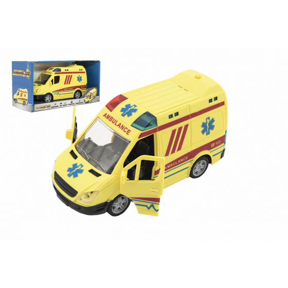 Teddies Krankenwagen aus Kunststoff 20cm mit Schwungrad, batteriebetrieben mit Sound und Licht in Schachtel 26x15x12cm