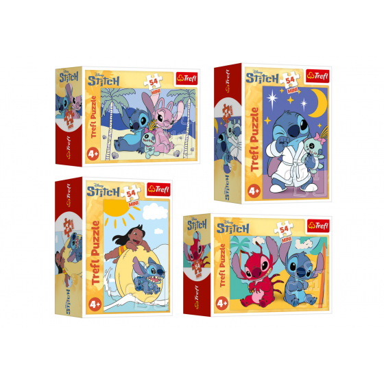 Minipuzzle Stitchova dobrodružství 54 dílků 4 druhy v krabičce 6x9x4cm 40ks v boxu