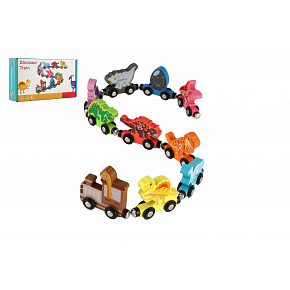 Teddies Zug/Züglein mit Waggons Dinosaurier auf Magneten 10 Stück Holz in Schachtel 20x11cm