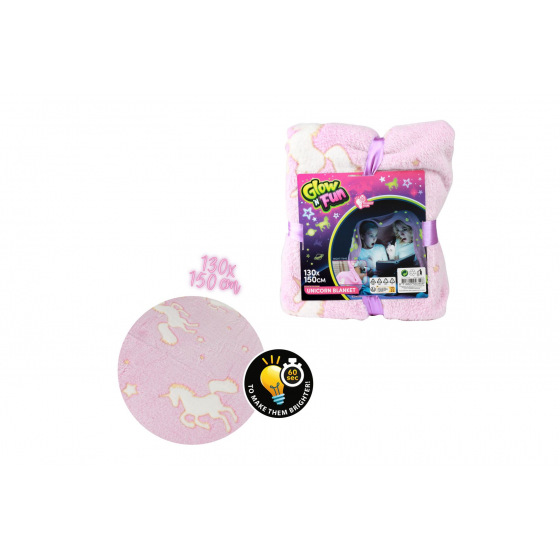 Teddies Deka Jednorožec svítící ve tmě plyš 130x150cm růžová