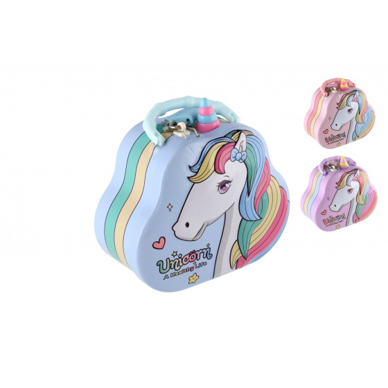 Teddies Spardose Handtasche Einhorn aus Blech mit Schloss 15x14cm 3 Farben in Plastikbox