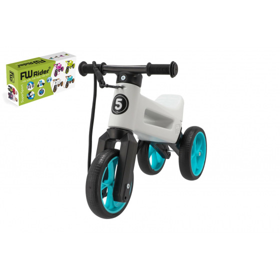 Funny Wheels Teddies Odrážedlo FUNNY WHEELS Rider SuperSport bílé/tyrkys 2v1+popruh,výš.sedla28/30cm nos.25kg