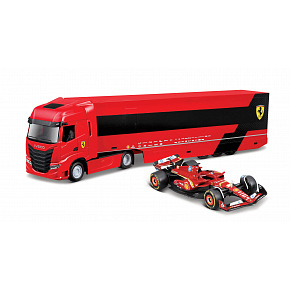 Bburago – RACE Ciągnik siodłowy z naczepą Iveco S Way + F1 Ferrari SF-24 (2024), #16 Charles Leclerc, 1:43