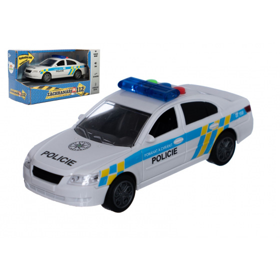 Teddies Polizeiauto aus Kunststoff 15cm mit Batterie, mit Sound und Licht, mit Schwungrad in Schachtel 20x11x9cm