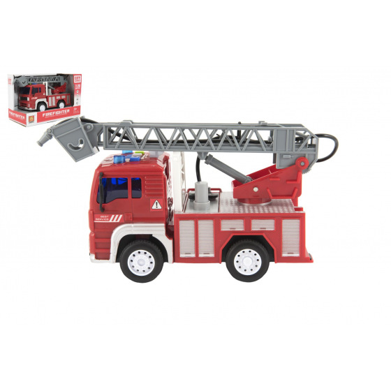 Teddies Feuerwehr-Auto spritzt Wasser 20cm Kunststoff mit Schwungrad auf Batterie. mit Ton und Licht in einer Box 24x16x12cm