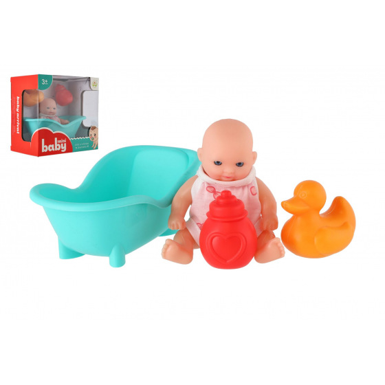 Teddies Puppe 10cm fester Körper aus Kunststoff mit Wanne und Zubehör in Schachtel 16x15x10cm