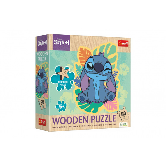 Trefl Puzzle aus Holz mit unregelmäßigen Formen Lilo und Stitch 50 Teile 19,8x25,8cm in einer Box 20x20x6cm