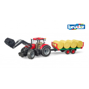 Bruder Farmer - traktor s předním nakladačem, vlekem a 8 balíky sena
