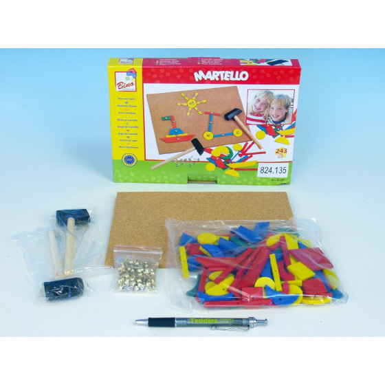 Sada drevená - podložka korková s kladivkom 243ks v krabici 26x18,5x3cm