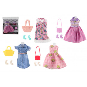 Teddies Šaty/Oblečky na bábiky s doplnkami látka/plast mix druhov v sáčku 21x21cm