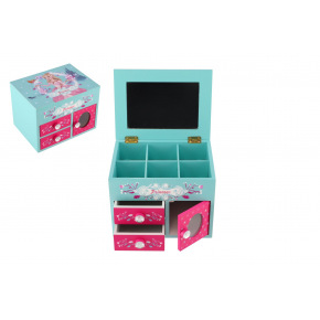 Skříňka šperkovnice Princess 3 zásuvky odklápěcí vrch se zrcátkem dřevo 16x12,5x12cm v krabici