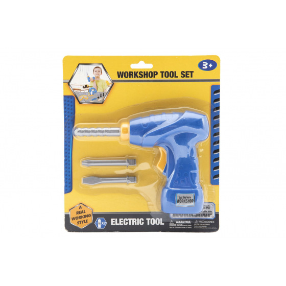 Teddies Akku-Bohrmaschine Werkzeug Kunststoff 18x14cm mit Zubehör batteriebetrieben mit Sound auf Karte 21x24cm