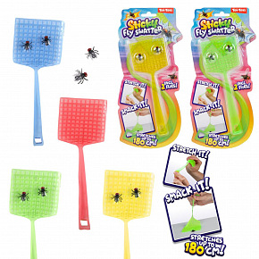 Teddies Plácačka na mouchy 18cm natahovací lepkavá + mouchy 2ks 4 barvy na kartě 12x26,5x1cm