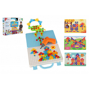 Teddies Zestaw konstrukcyjny 3D, skręcany, plastikowy, kreatywna walizka z wiertarką na baterie, z szablonami, w pudełku 31x24 cm