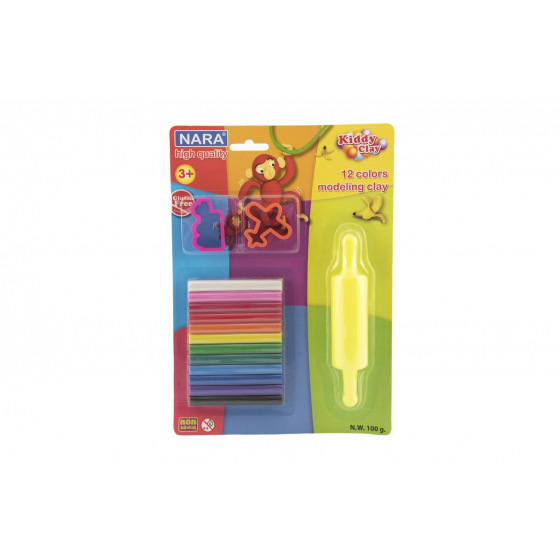 Teddies Knetmasse/Plastilin NARA 100g 12 Stück mit 2 Ausstechformen und einer Rolle auf Karte 18,5x26cm