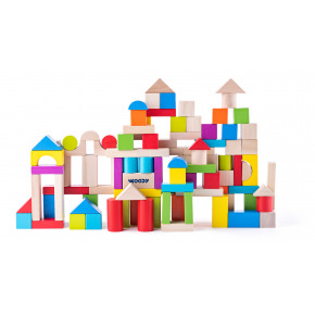 WOODY Stavebnice kostky barevné/natur s prostrkávacím víkem, 100 dílů