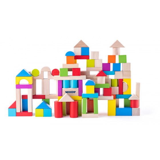 WOODY Stavebnice kostky barevné/natur s prostrkávacím víkem, 100 dílů