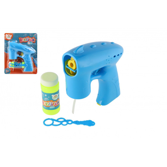Teddies Seifenblasenpistole blau Kunststoff 13cm + Nachfüllung mit Batterien auf Karte