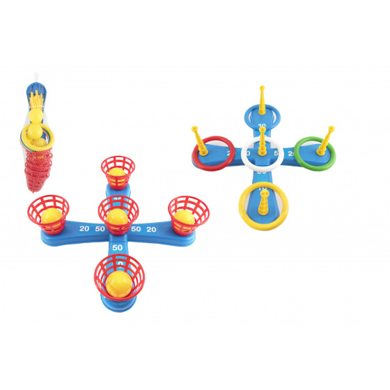 Teddies Házecí hra plast kříž s kruhy + košíčky s míčky v síťce