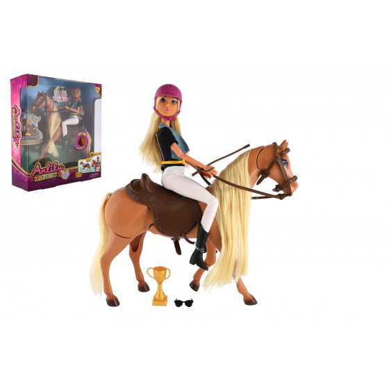 Teddies Pferd zum Frisieren + Puppe Jockey Anlily mit Gelenken aus Kunststoff mit Zubehör in Schachtel 32x36x11cm