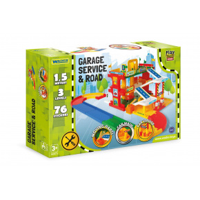 Garáž servis 3 patra + dráha 1,5m + 2 auta plast v krabici 59x40x15cm  Wader