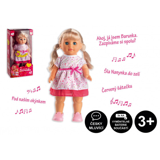 Teddies Puppe Barunka gehend und auf Tschechisch singend aus Kunststoff 42cm mit Batterien mit Sound in der Schachtel 21x44x11cm