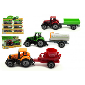 Teddies Traktor s prívesom plast / kov 19cm 3 druhy na voľný chod v krabičke 25x13x5,5cm 12ks v boxe