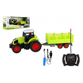 Teddies Traktor RC s vlekom plast 38cm 27MHz + dobíjací pack na batérie v krabici 45x19x13cm