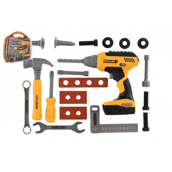 Teddies Werkzeugset aus Kunststoff mit Akkubohrer 16x17cm batteriebetrieben mit Sound in Kunststoffkoffer 30x27x8cm