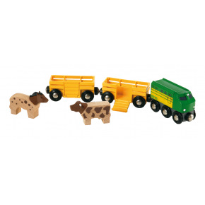 Brio Zemědělský vlak pro přepravu zvířat se 2 vagónky, krávou, koněm