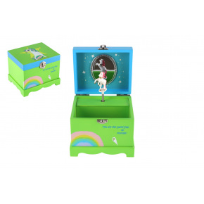 Skříňka šperkovnice jednorožec hrající na natažení dřevo odklápěcí vrch zelená 12,5x10,5cm v krabici