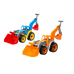 Teddies Traktor / nakladač / bager sa 2 lyžicami plast na voľný chod 2 farby v sieťke 16x35x16cm