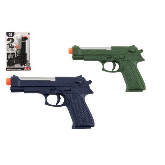 Teddies Pistole 17cm Kunststoff batteriebetrieben mit Licht und Sound 3 Farben auf Karte