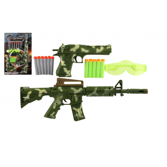 Teddies Pistole/Gewehr 2 Stück Kunststoff + 11 Stück Schaumstoffmunition + Brille auf Karte 30x46x4cm