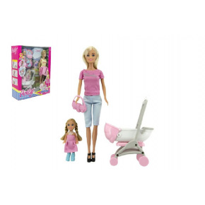 Teddies Sada panenka s holčičkou a kočárkem + doplňky plast v krabici 27x34x9cm