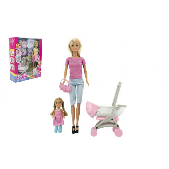 Teddies Sada panenka s holčičkou a kočárkem + doplňky plast v krabici 27x34x9cm