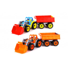 Teddies Traktor/ładowarka/koparka z dyszlem z łyżką plastikową wolnobieżną 2 kolory w siatce 16x61x16cm