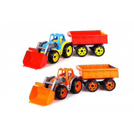 Teddies Traktor/Loader/Baggers mit Anhänger und Schaufel aus Kunststoff, freilaufend, 2 Farben im Netz 16x61x16cm