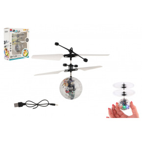 Teddies Vrtuľníková guľa lietajúca plast 13x11cm reagujúca na pohyb ruky s USB káblom priehľadná v krabičke