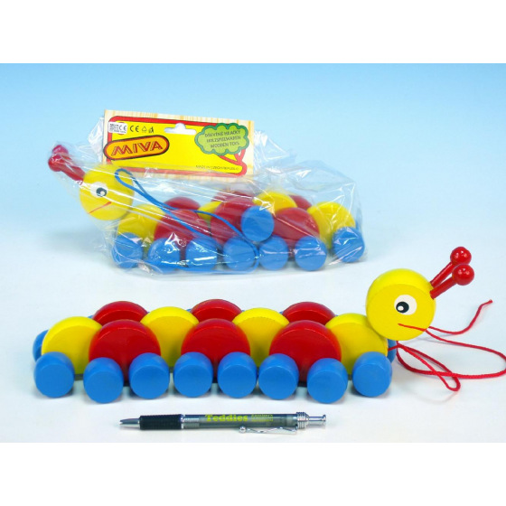 Miva Housenka dřevo tahací barevná 27cm v krabičce 12m+