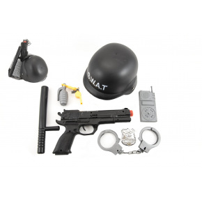 Teddies Sada policie SWAT helma+pistole na setrvačník s doplňky plast v síťce