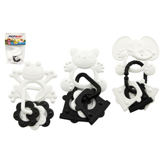 Profibaby Kousátka zvířátka + přívěsky plast černobílé 9cm 4 druhy v sáčku 0m+