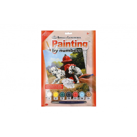 SMT Creatoys Malování podle čísel Dalmatini u červeného hydrantu 22x30cm s akrylovými barvami a štětcem na kartě