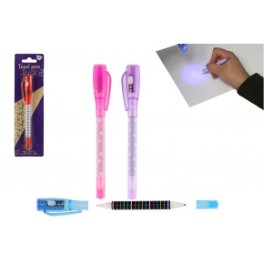 Teddies Tajné pero s neviditeľným atramentom a ÚV svetlom + pera plast 15cm na batérie 4 farby na karte