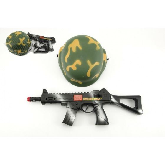 Teddies Vojenská sada samopal 31cm na setrvačník jiskřící+helma/přilba v síťce